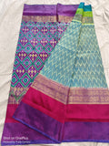 POCHAMPALLY SILK SAREE LIGHT GREEN AND PURPLE WITH ALLOVER IKkAT WOVEN BUTTA WEAVES AND IKkAT DESIGN ZARI WOVEN BORDER