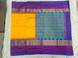 POCHAMPALLY SILK SAREE GOLD PURPLE WITH ALLOVER IKkAT WOVEN BUTTA WEAVES AND IKkAT DESIGN ZARI WOVEN BORDER