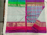 POCHAMPALLY SILK SAREE LIGHT GRAY AND PURPLE WITH ALLOVER IKkAT WOVEN BUTTA WEAVES AND IKkAT DESIGN ZARI WOVEN BORDER