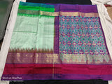 POCHAMPALLY SILK SAREE LIGHT GREEN AND PURPLE WITH ALLOVER IKkAT WOVEN BUTTA WEAVES AND IKkAT DESIGN ZARI WOVEN BORDER