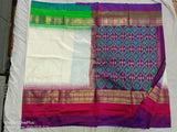 POCHAMPALLY SILK SAREE LCREAM AND PURPLE WITH ALLOVER IKkAT WOVEN BUTTA WEAVES AND IKkAT DESIGN ZARI WOVEN BORDER