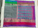 POCHAMPALLY SILK SAREE GRAY AND PURPLE WITH ALLOVER IKkAT WOVEN BUTTA WEAVES AND IKkAT DESIGN ZARI WOVEN BORDER