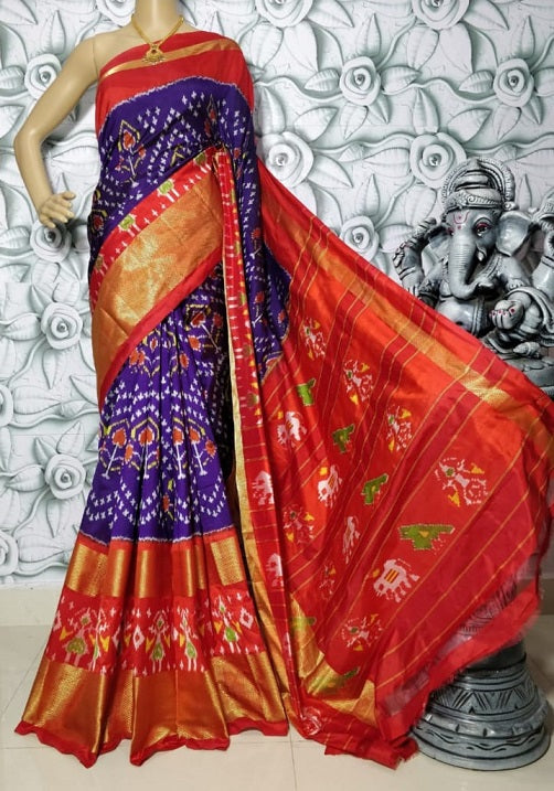 POCHAMPALLY SAREE Silk Blue With Red Color