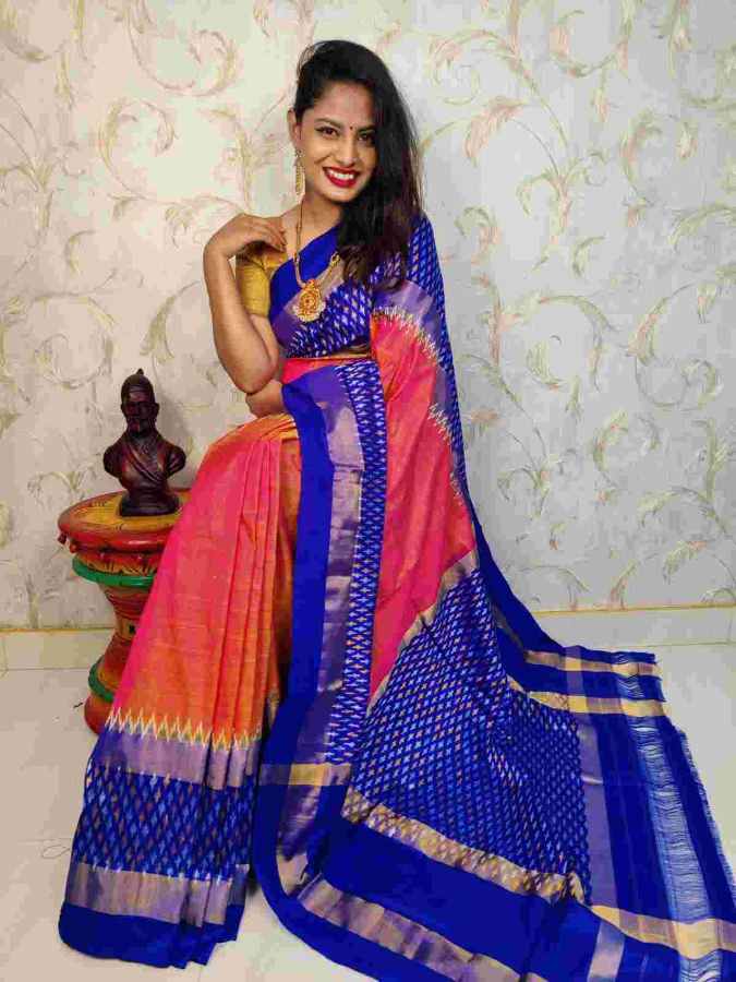 POCHAMPALLY SAREE Mixed Pink With Blue Color