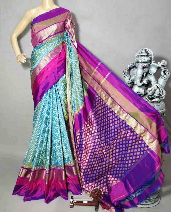 POCHAMPALLY SAREE Blue With Purple Color Pallu And Blouse Same As Ikkat Design