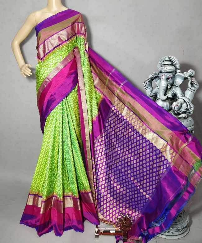 POCHAMPALLY SAREE Green With Purple Color Pallu And Blouse Same As Ikkat Design