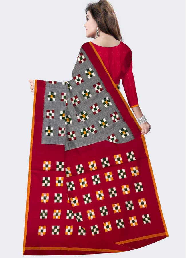 Double Ikkat Cotton Gray With Red Color Saree
