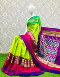 Parrot Green With Purple Color Ikkat Silk Saree
