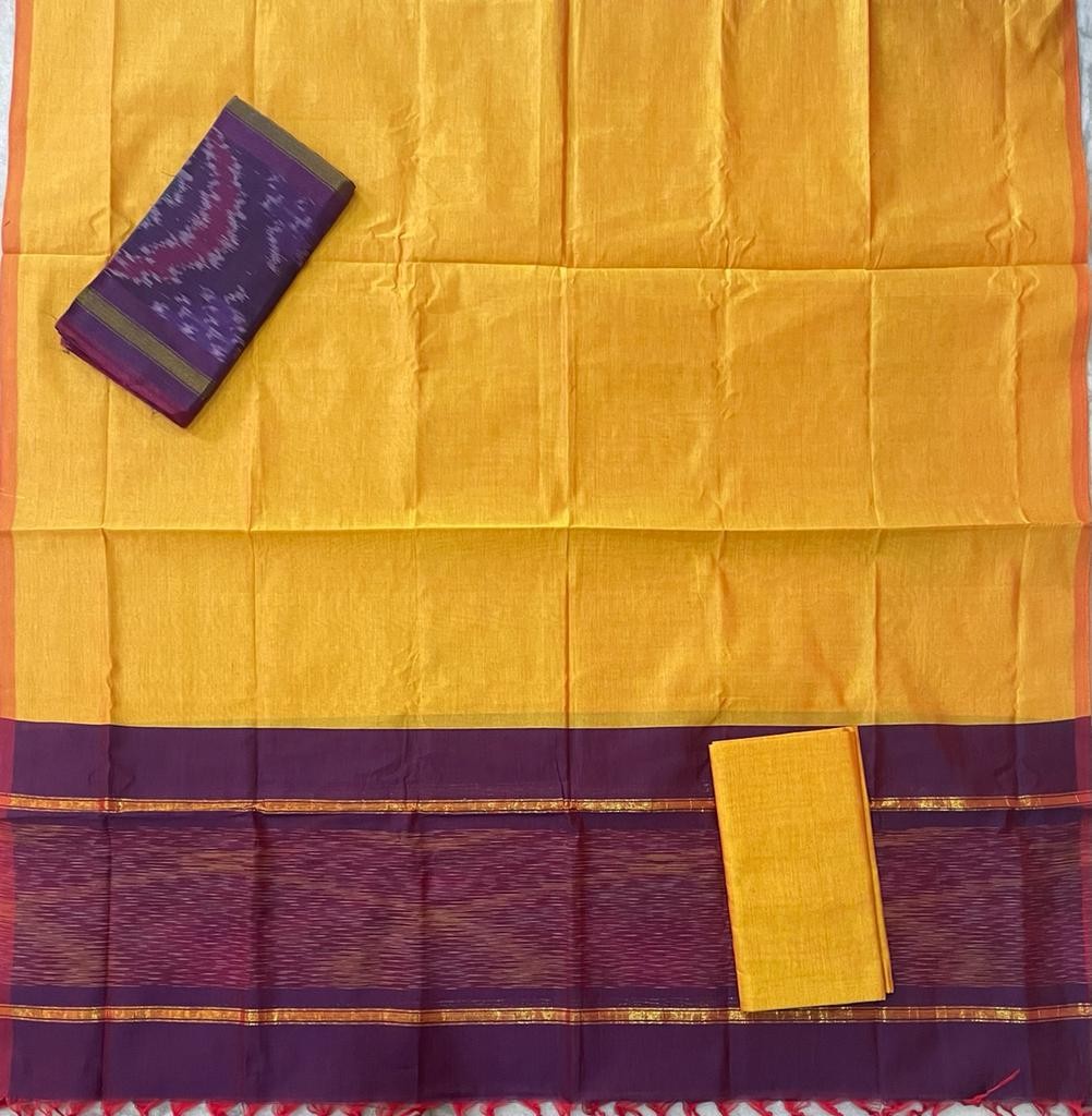 Ikkat Cotton Yellow With Chocolet Color Dress Material