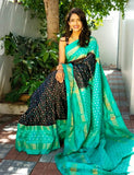 Pochampally Ikkat Silk Black With Sea Green Color Saree