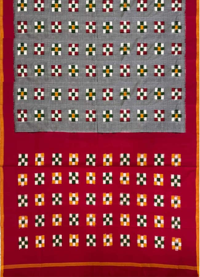 Double Ikkat Cotton Gray With Red Color Saree