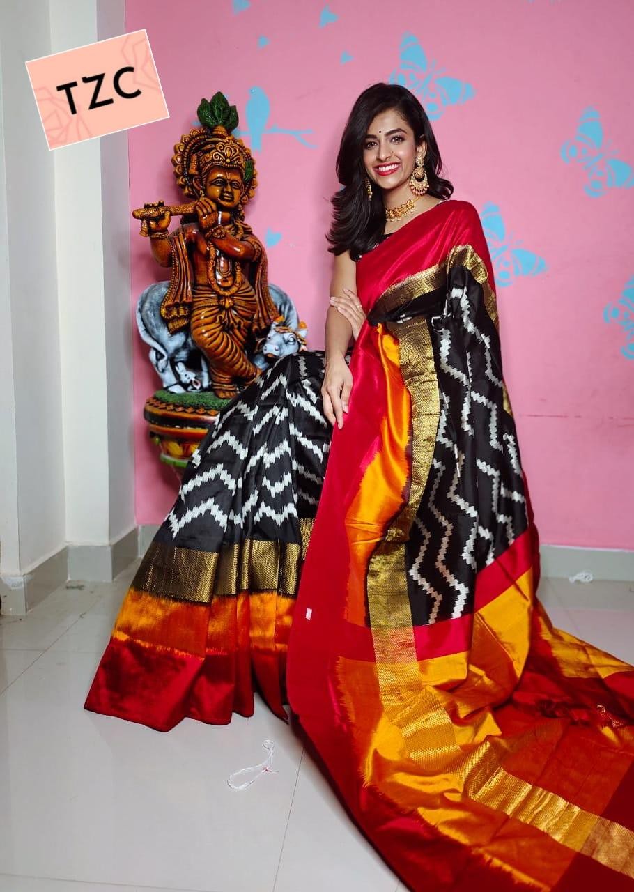 Pochampally IKKAT Silk BLACK WITH Red Color Saree Weavesarees