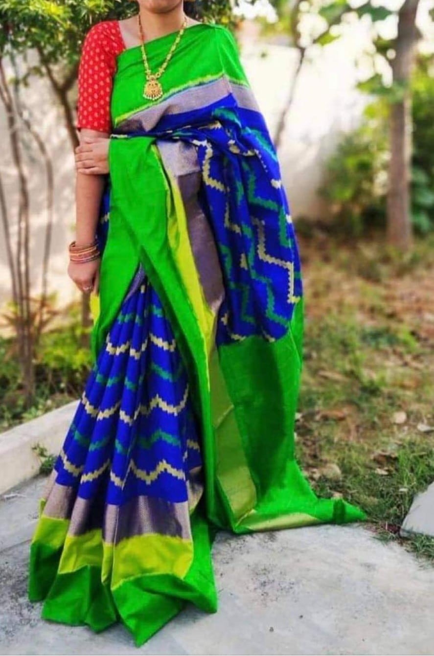 Pochampally Ikkat Silk Blue With Green Color Saree