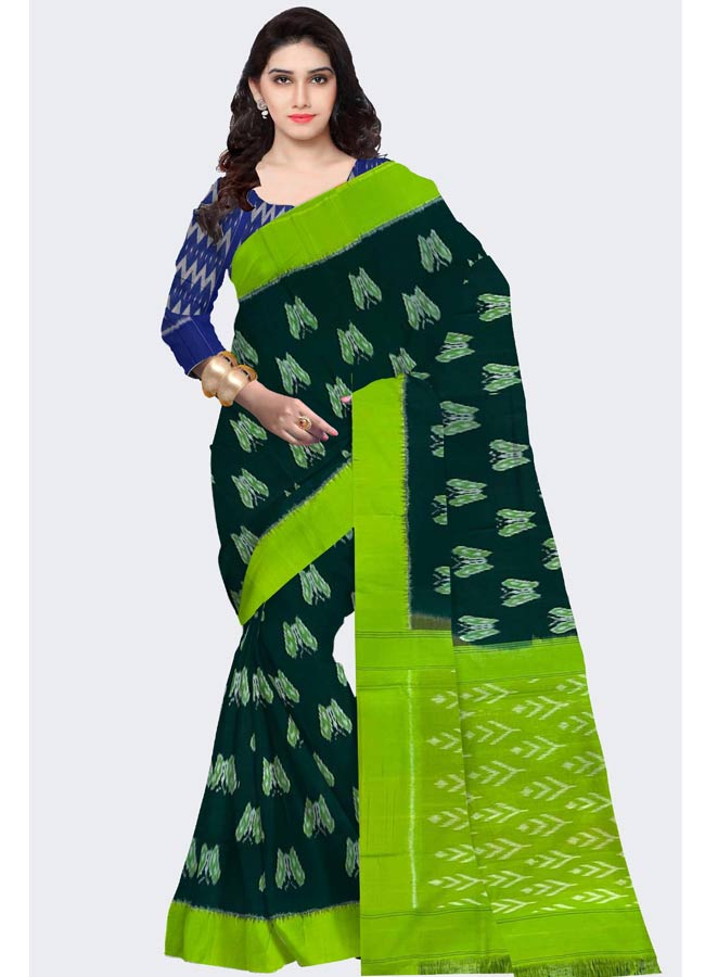 Ikkat Cotton Green With Parrot Green Color Saree