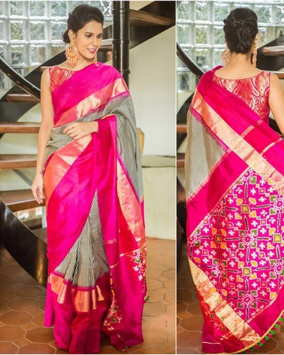 Pochampally Ikkat Silk Black And White And Pink Color Saree