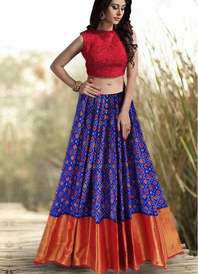 Pochampally Ikkat Silk Blue With Red Color Lehenga