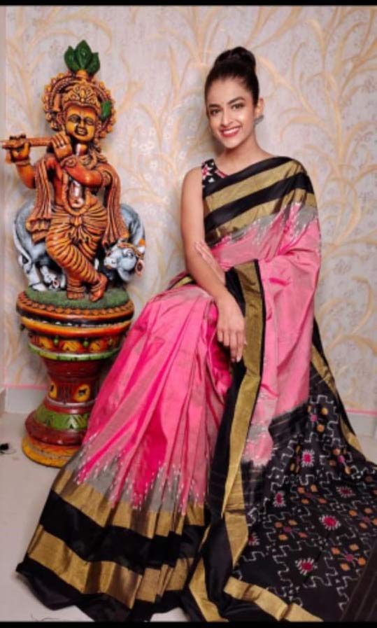 Pochampally Ikkat Silk Pink With Black Color Saree