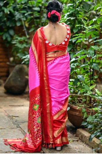 Pochampally Ikat Silk Pink With Red Color Saree