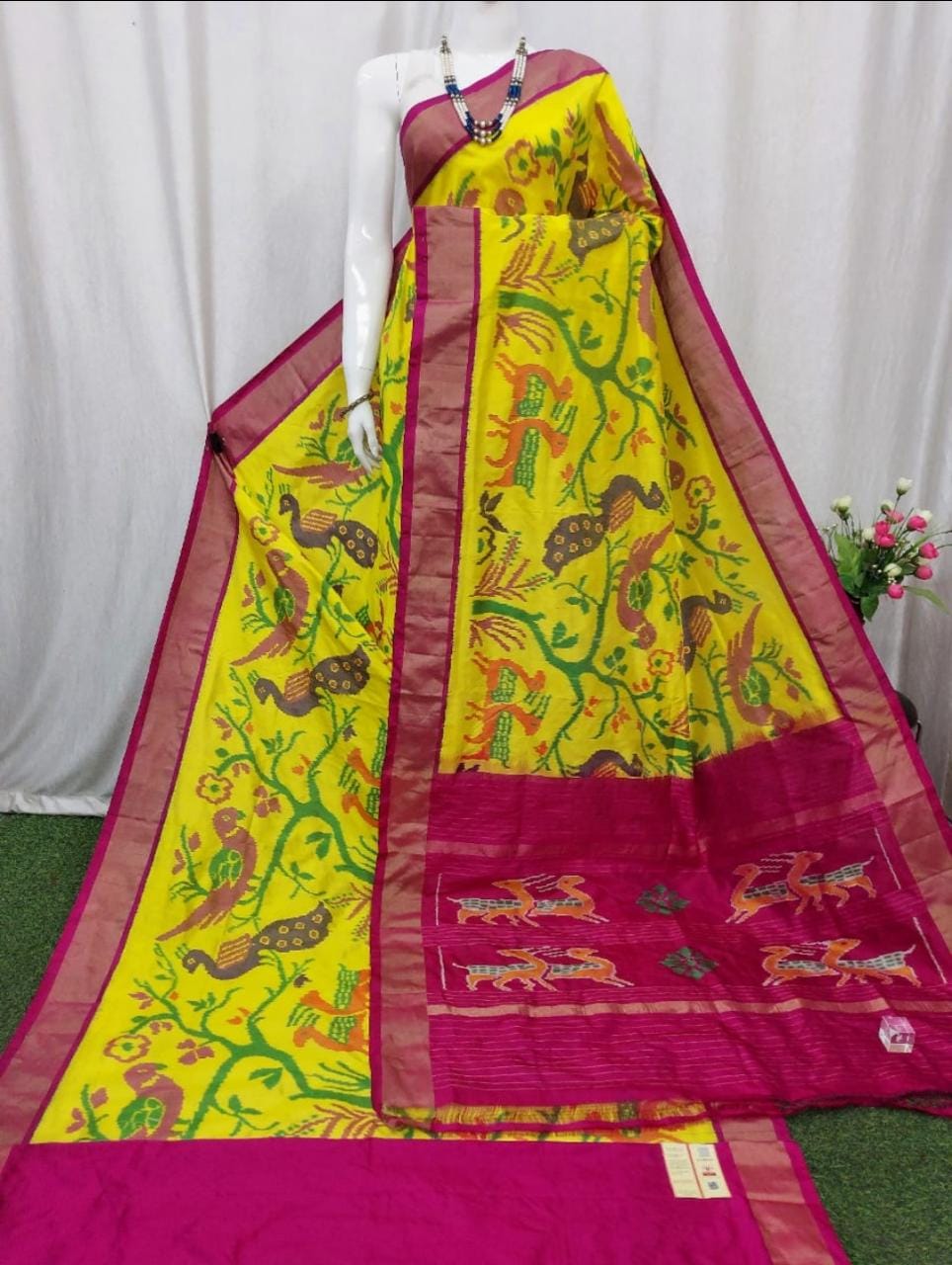 Yellow pink ikkat saree hot sale