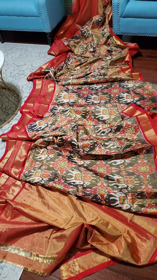 Ikkat Tissue Black With Red Color Saree