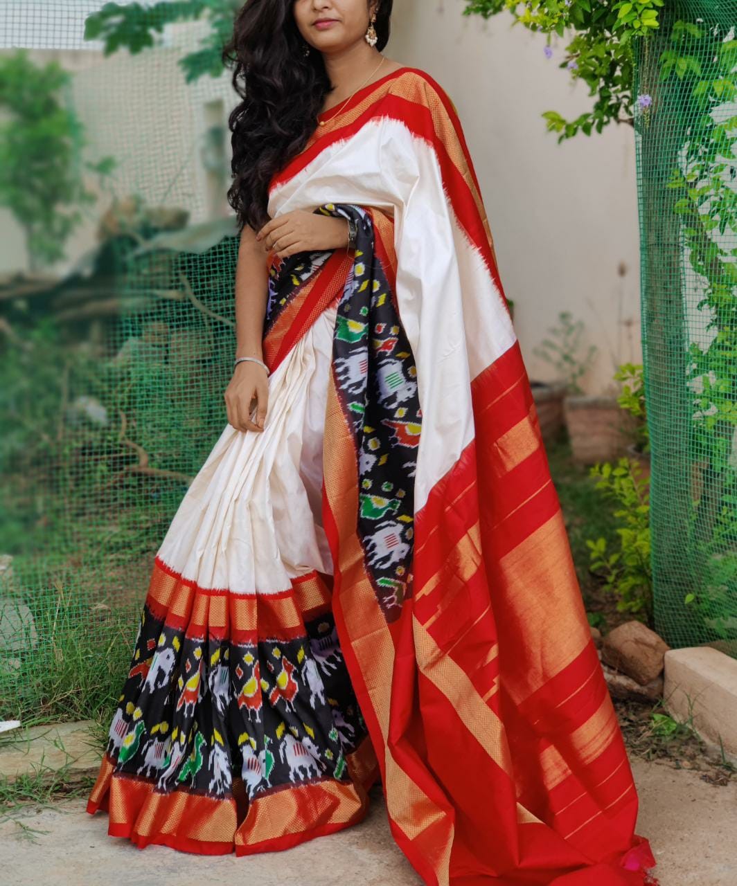 Pochampally Ikkat Silk Cream With Red Color Saree