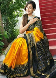 Pochampally Ikkat Silk Yellow With Black Color Saree