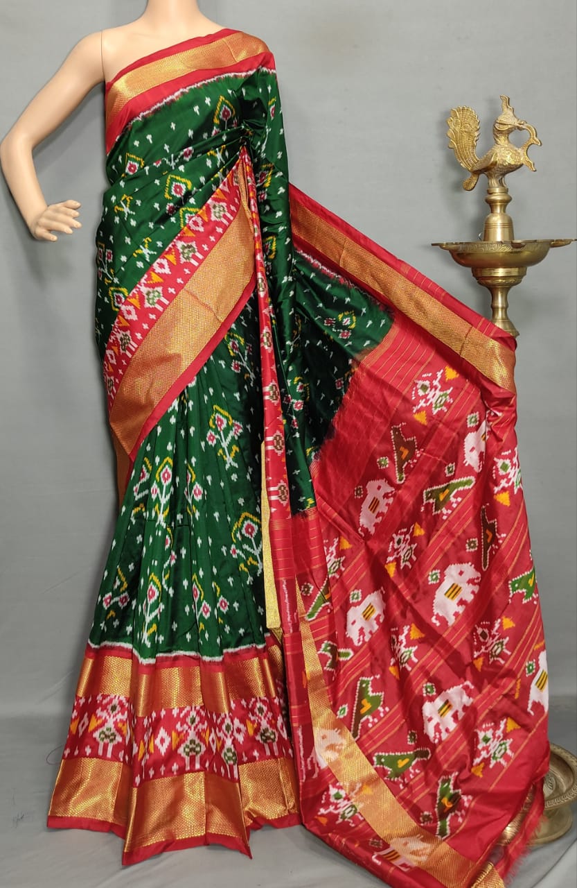 Pochampally Ikkat Silk green With Red Color Saree