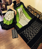 Pochampally Ikkat cotton Cream With Green And Black Color Saree