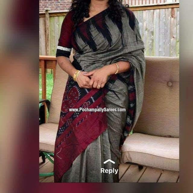 Pochampally Ikkat Cotton Gray With Black Color Saree