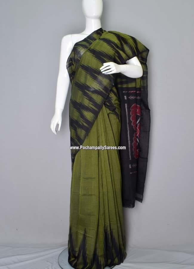 Pochampally Ikkat Cotton Olive Green With Black Color Saree