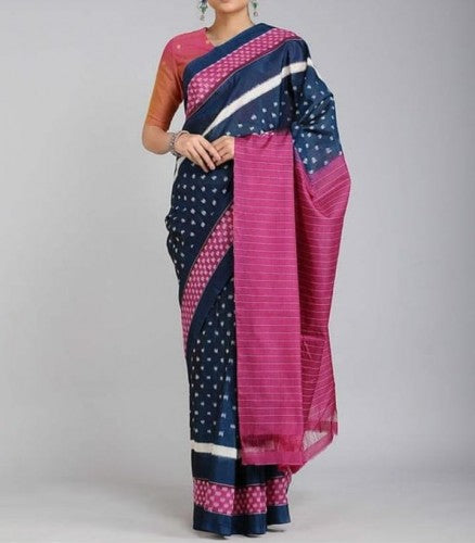 Pochampally Ikkat Cotton Navy Blue With Pink Color Saree