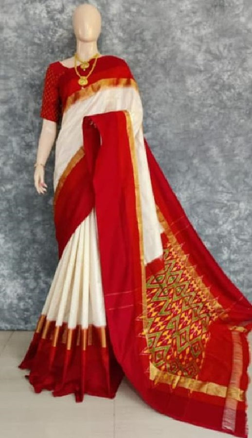 Pochampally Ikkat Silk Cream With Red Color Saree