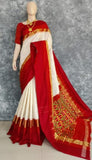 Pochampally Ikkat Silk Cream With Red Color Saree