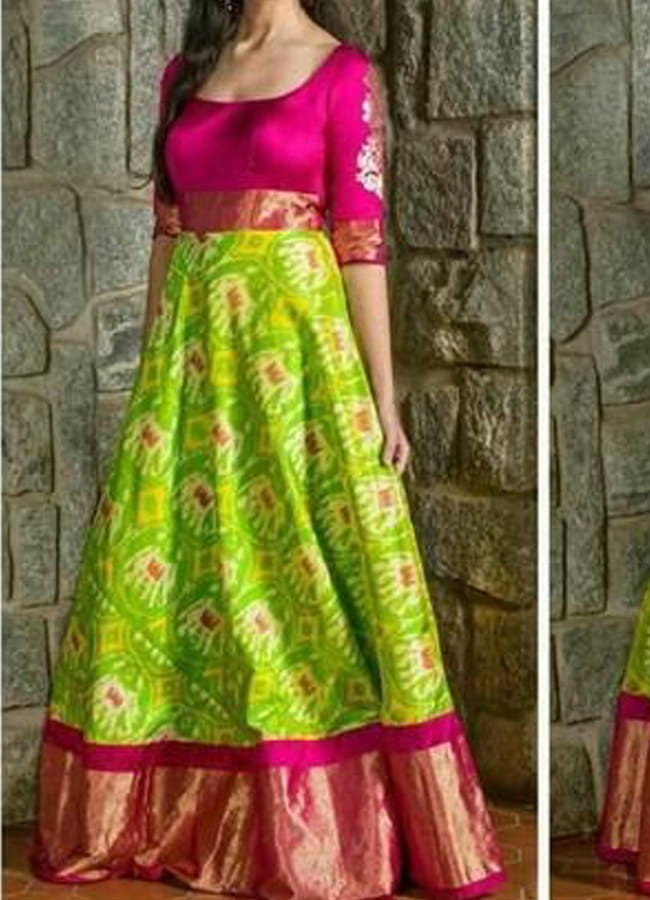 Ikkat Silk Parrot green With Pink Color Lehenga