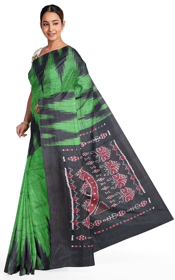 Pochampally Ikkat Cotton Green With Black Color Saree