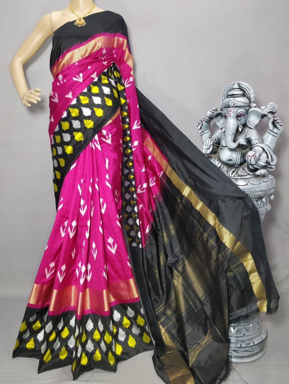 Pochampally Ikkat Silk Pink With Black Color Saree