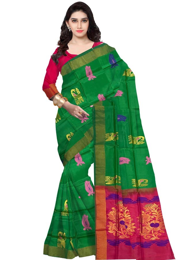 Soft Silk Green With Red Color Saree